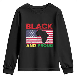 African American Youth Long Sleeve Shirt Black And Proud US Flag Africa Map