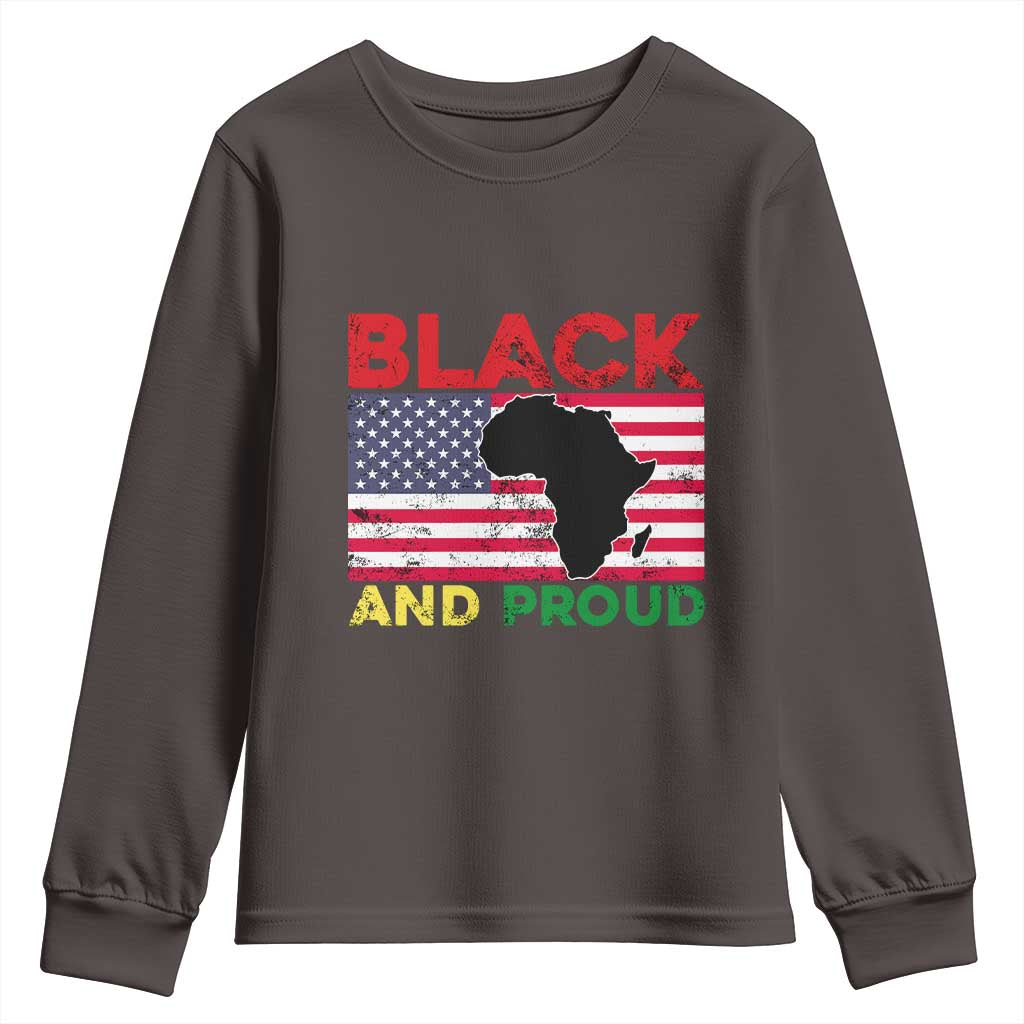 African American Youth Long Sleeve Shirt Black And Proud US Flag Africa Map