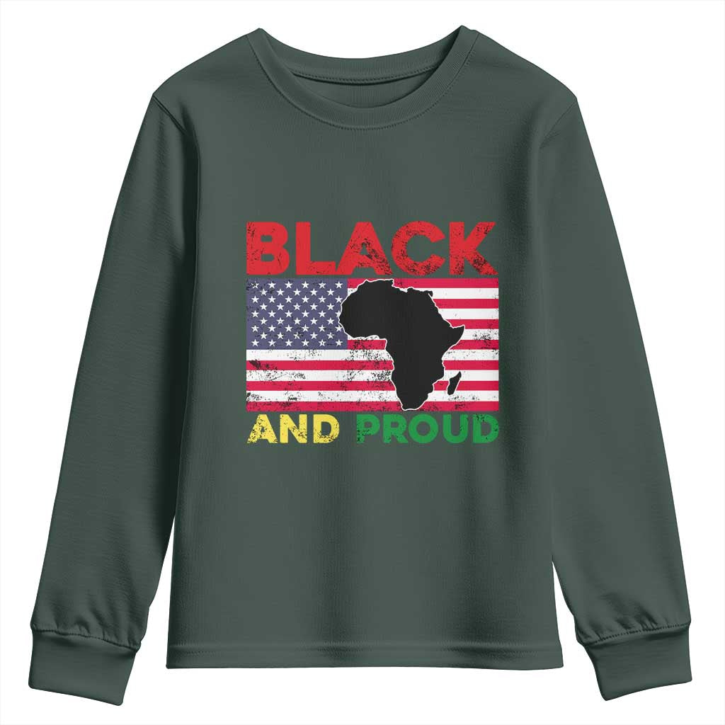 African American Youth Long Sleeve Shirt Black And Proud US Flag Africa Map