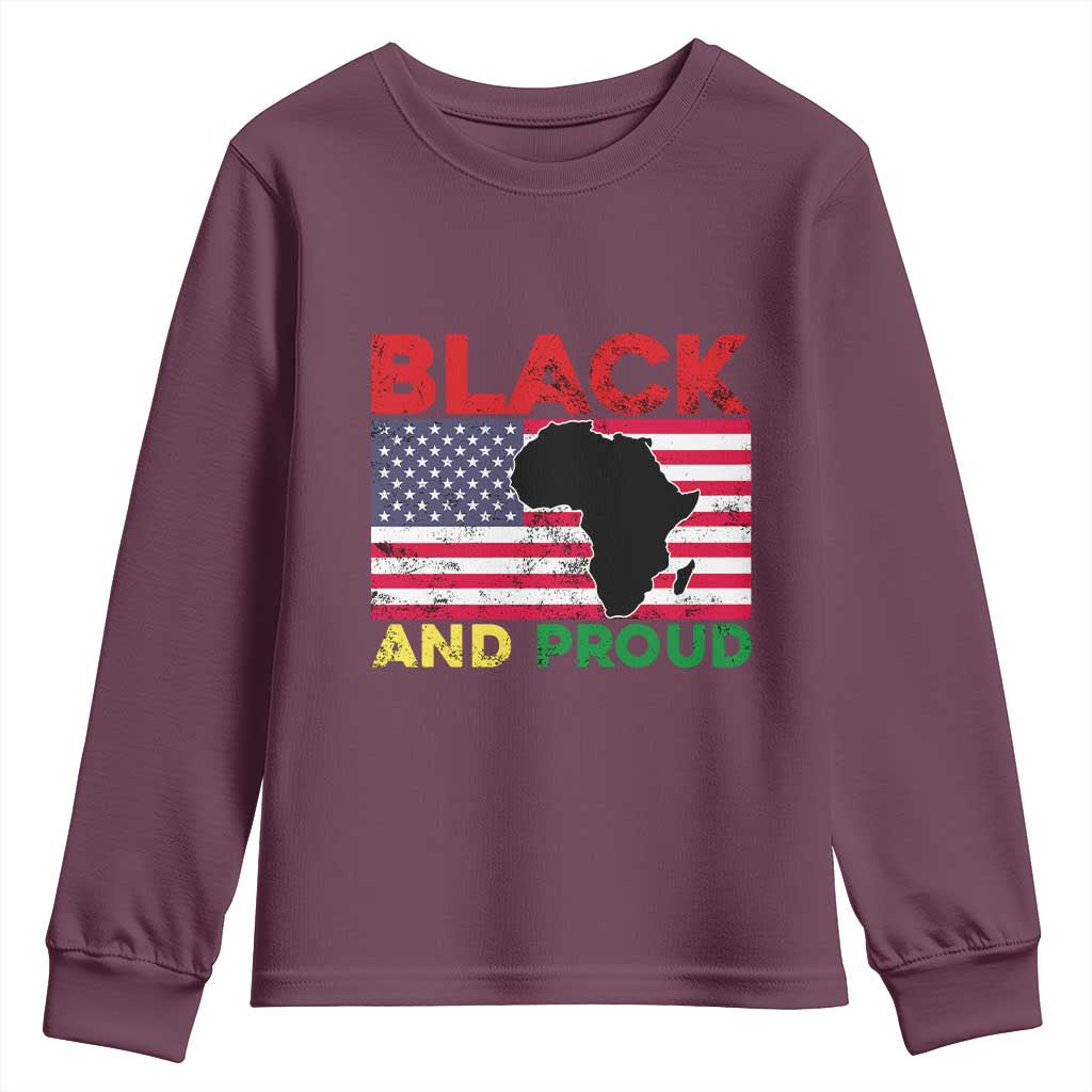 African American Youth Long Sleeve Shirt Black And Proud US Flag Africa Map