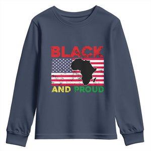African American Youth Long Sleeve Shirt Black And Proud US Flag Africa Map