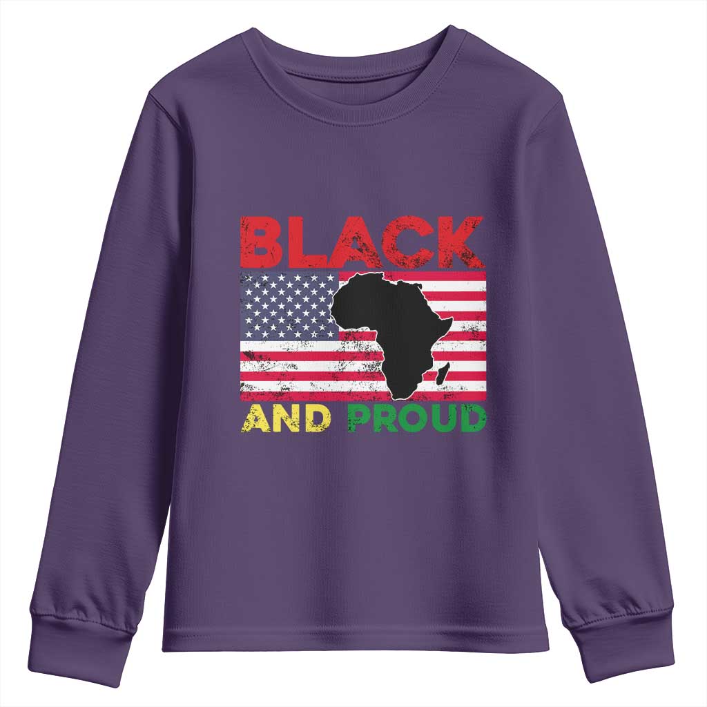 African American Youth Long Sleeve Shirt Black And Proud US Flag Africa Map