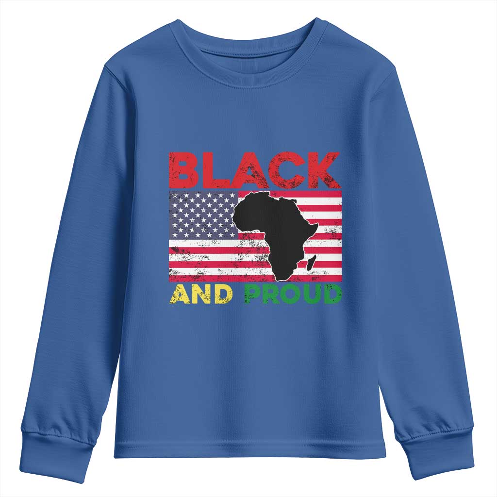 African American Youth Long Sleeve Shirt Black And Proud US Flag Africa Map
