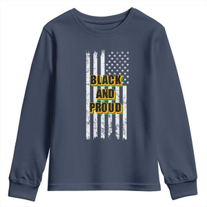 African American Youth Long Sleeve Shirt Black And Proud US Flag BHM