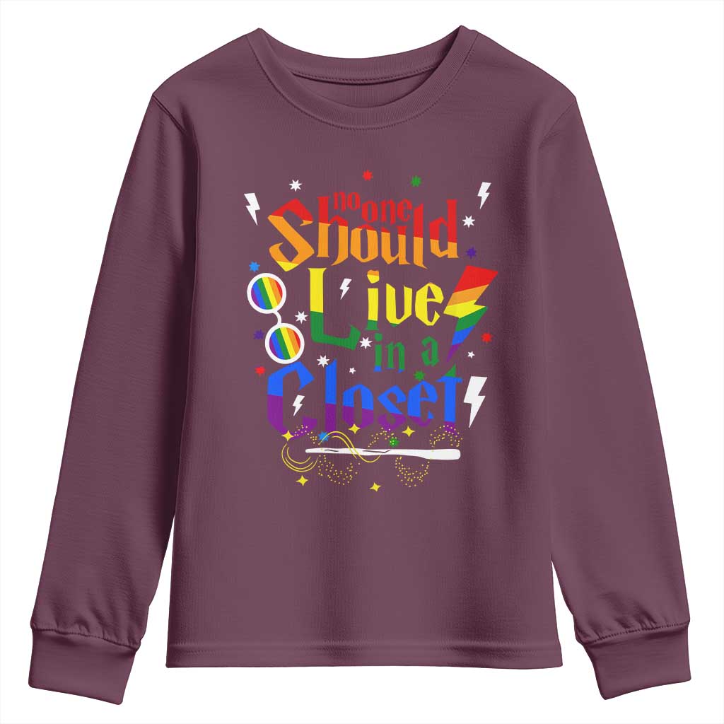 No One Should Live in a Closet Youth Sweatshirt LGBTQ+ Pride Empowerment Ally