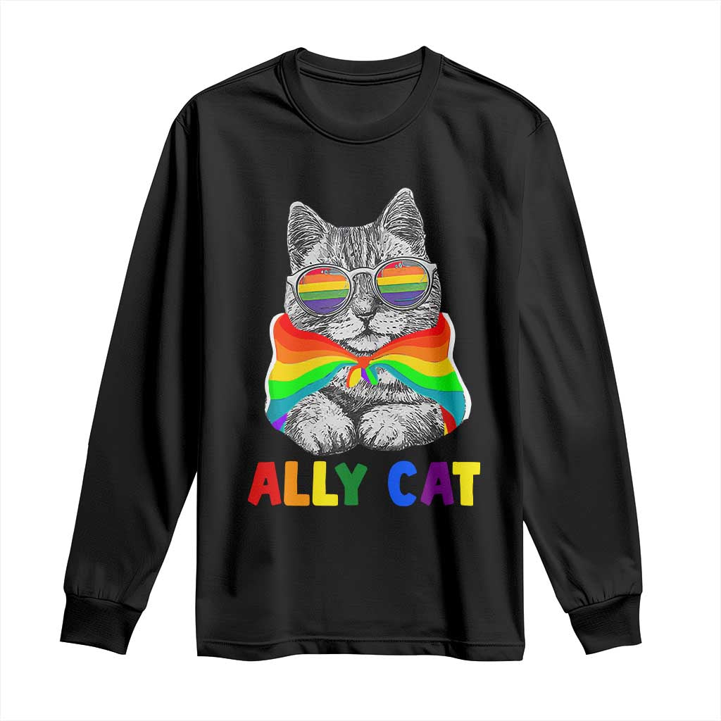 Ally Cat with Pride Cape Long Sleeve Shirt Rainbow LGBTQ+ Support