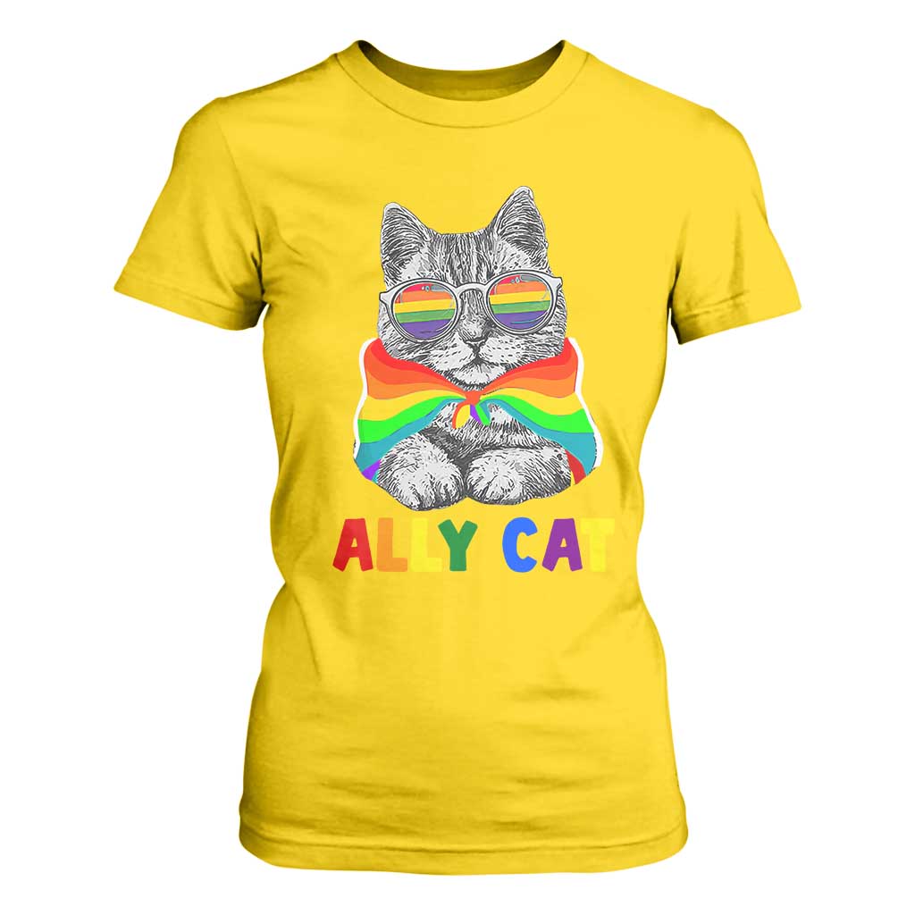 Ally Cat with Pride Cape T Shirt For Women Rainbow LGBTQ+ Support