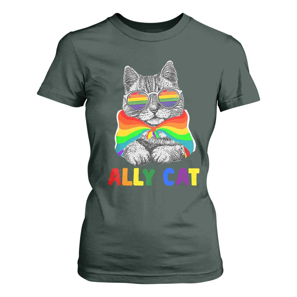 Ally Cat with Pride Cape T Shirt For Women Rainbow LGBTQ+ Support