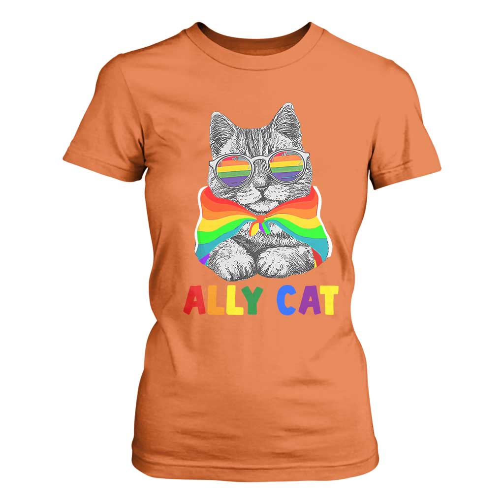 Ally Cat with Pride Cape T Shirt For Women Rainbow LGBTQ+ Support