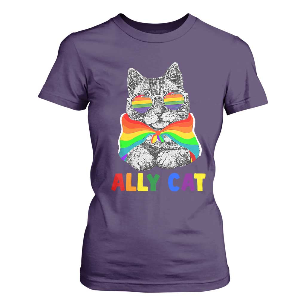 Ally Cat with Pride Cape T Shirt For Women Rainbow LGBTQ+ Support