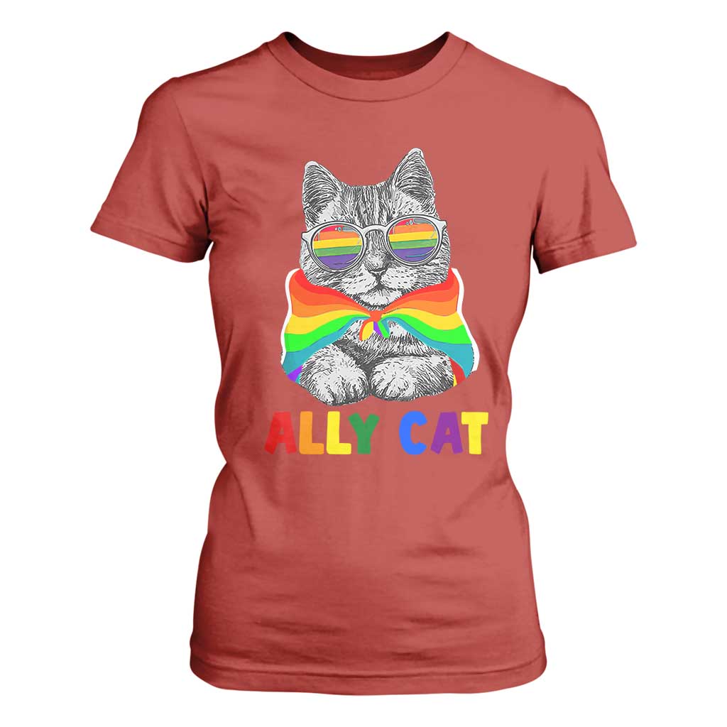 Ally Cat with Pride Cape T Shirt For Women Rainbow LGBTQ+ Support