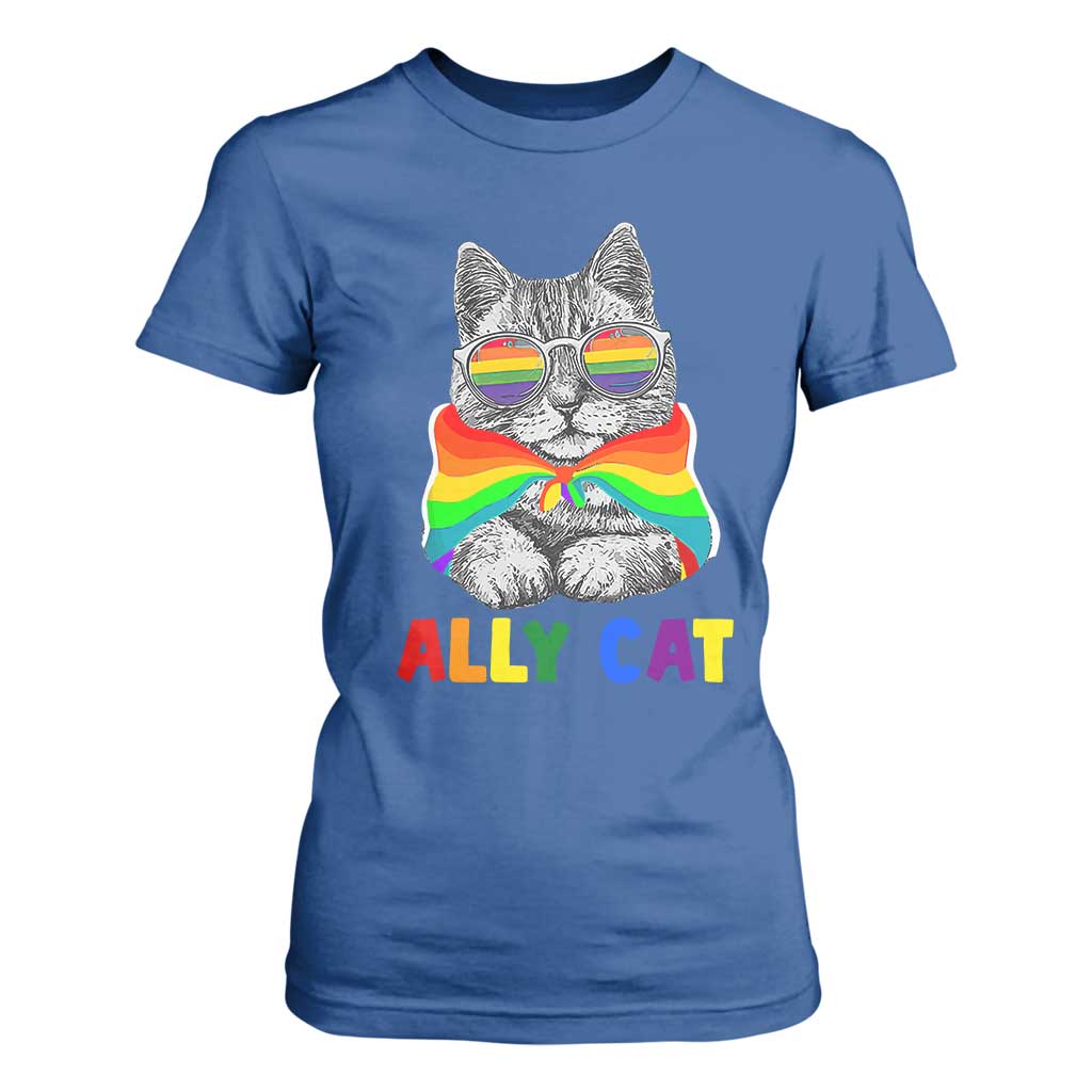 Ally Cat with Pride Cape T Shirt For Women Rainbow LGBTQ+ Support