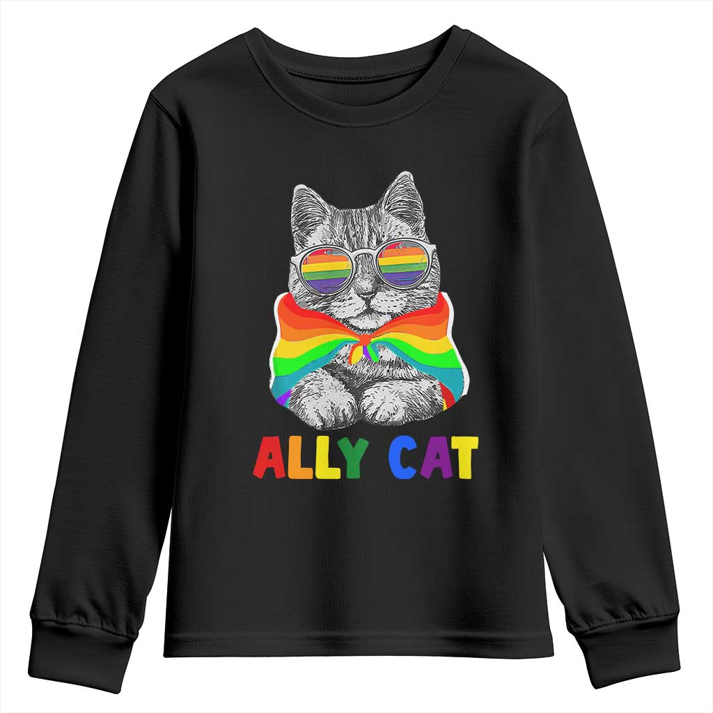 Ally Cat with Pride Cape Youth Sweatshirt Rainbow LGBTQ+ Support