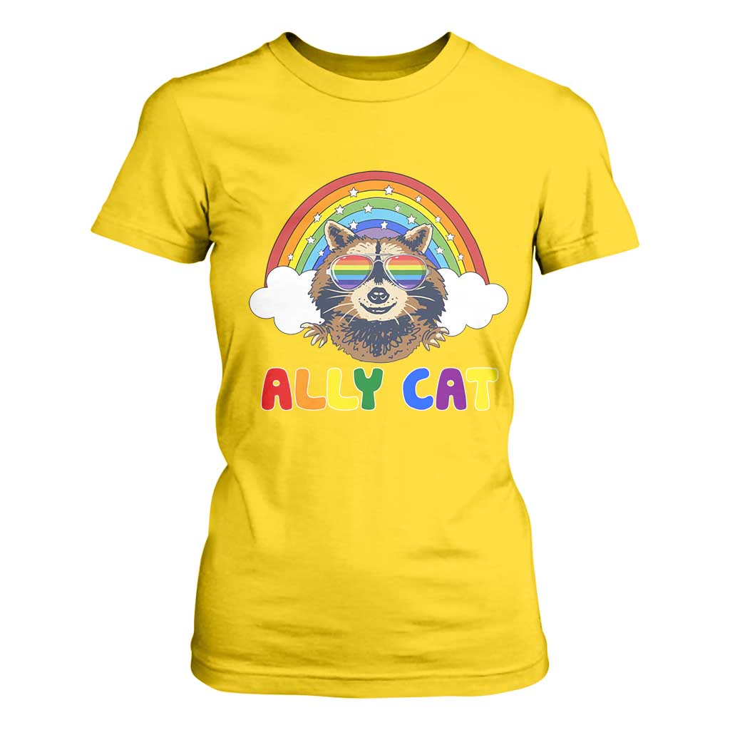 Ally Street Cat Rainbow Raccoon T Shirt For Women Funny LGBTQ+ Pride Support