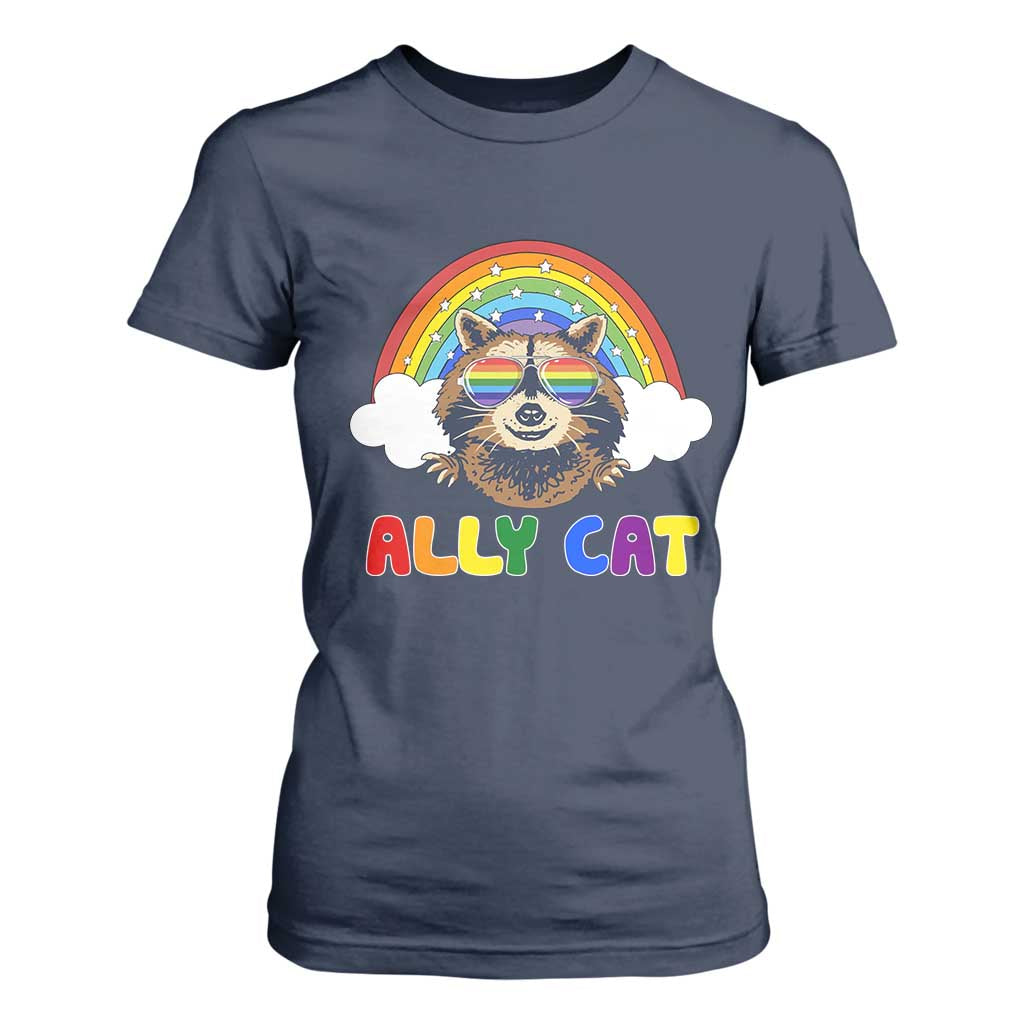 Ally Street Cat Rainbow Raccoon T Shirt For Women Funny LGBTQ+ Pride Support