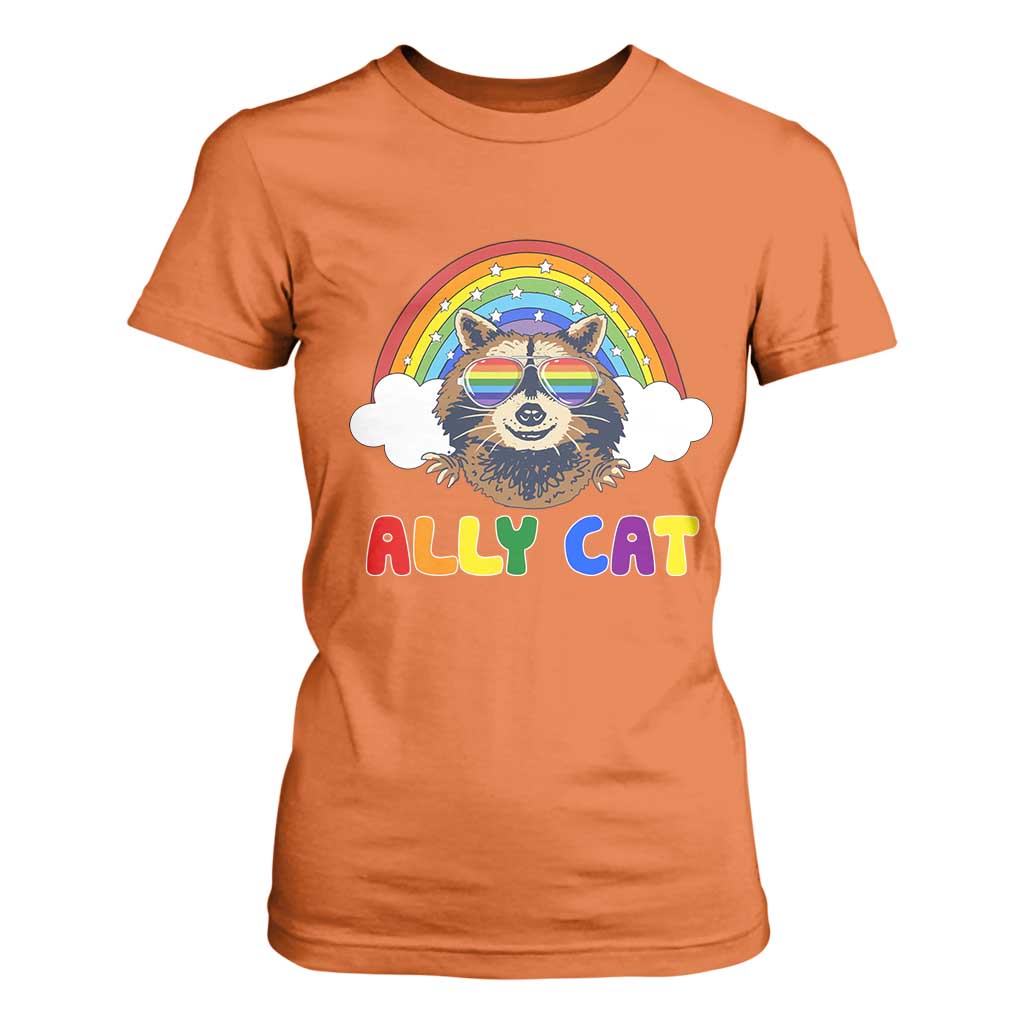 Ally Street Cat Rainbow Raccoon T Shirt For Women Funny LGBTQ+ Pride Support
