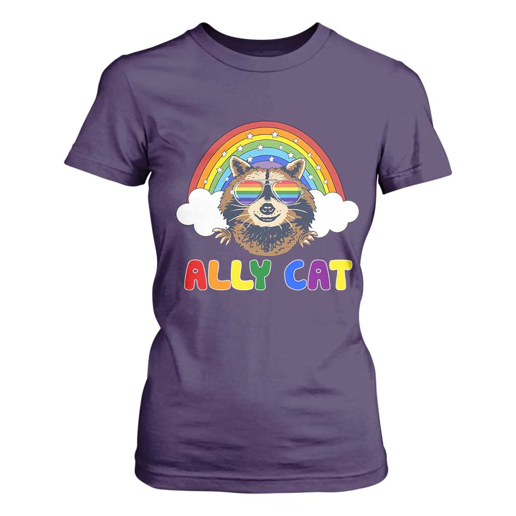 Ally Street Cat Rainbow Raccoon T Shirt For Women Funny LGBTQ+ Pride Support