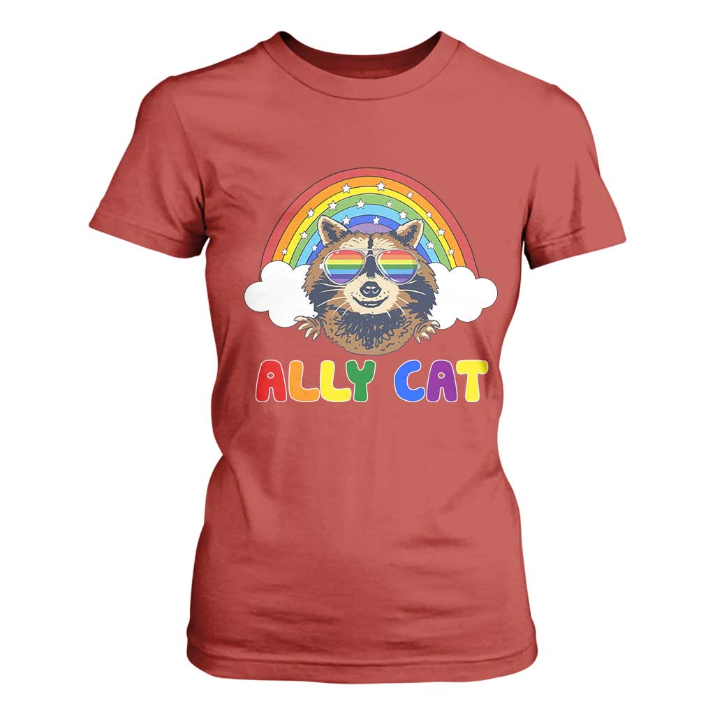 Ally Street Cat Rainbow Raccoon T Shirt For Women Funny LGBTQ+ Pride Support