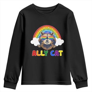 Ally Street Cat Rainbow Raccoon Youth Sweatshirt Funny LGBTQ+ Pride Support