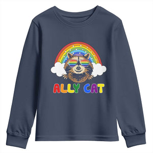 Ally Street Cat Rainbow Raccoon Youth Sweatshirt Funny LGBTQ+ Pride Support
