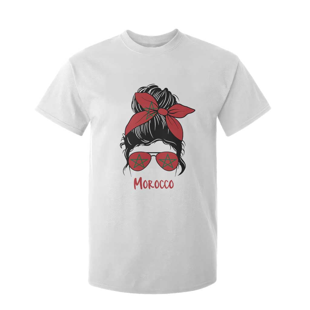 Morocco Girl Messy Bun with Flag Sunglasses T Shirt For Kid Proud Moroccan Woman Heritage