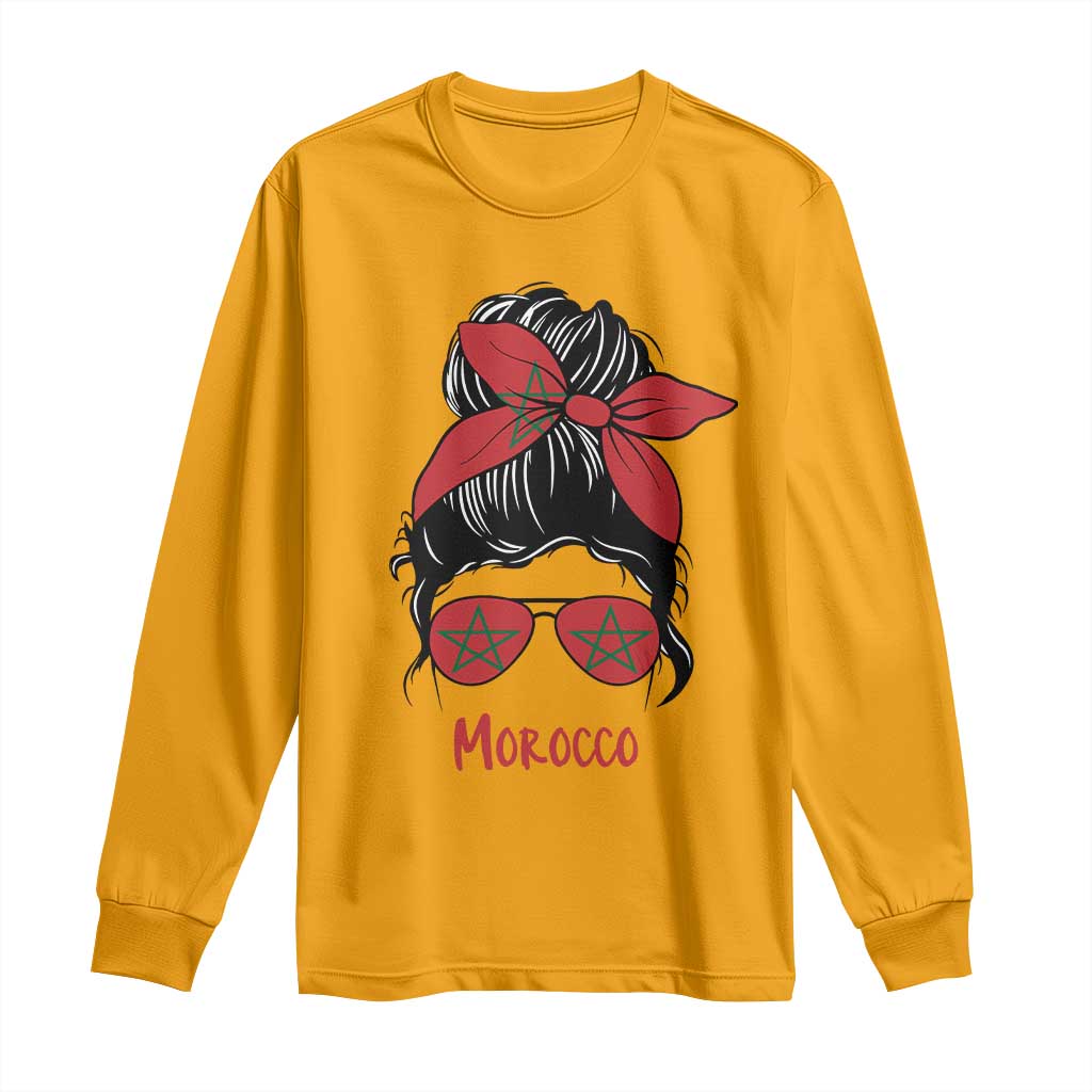 Morocco Girl Messy Bun with Flag Sunglasses Long Sleeve Shirt Proud Moroccan Woman Heritage