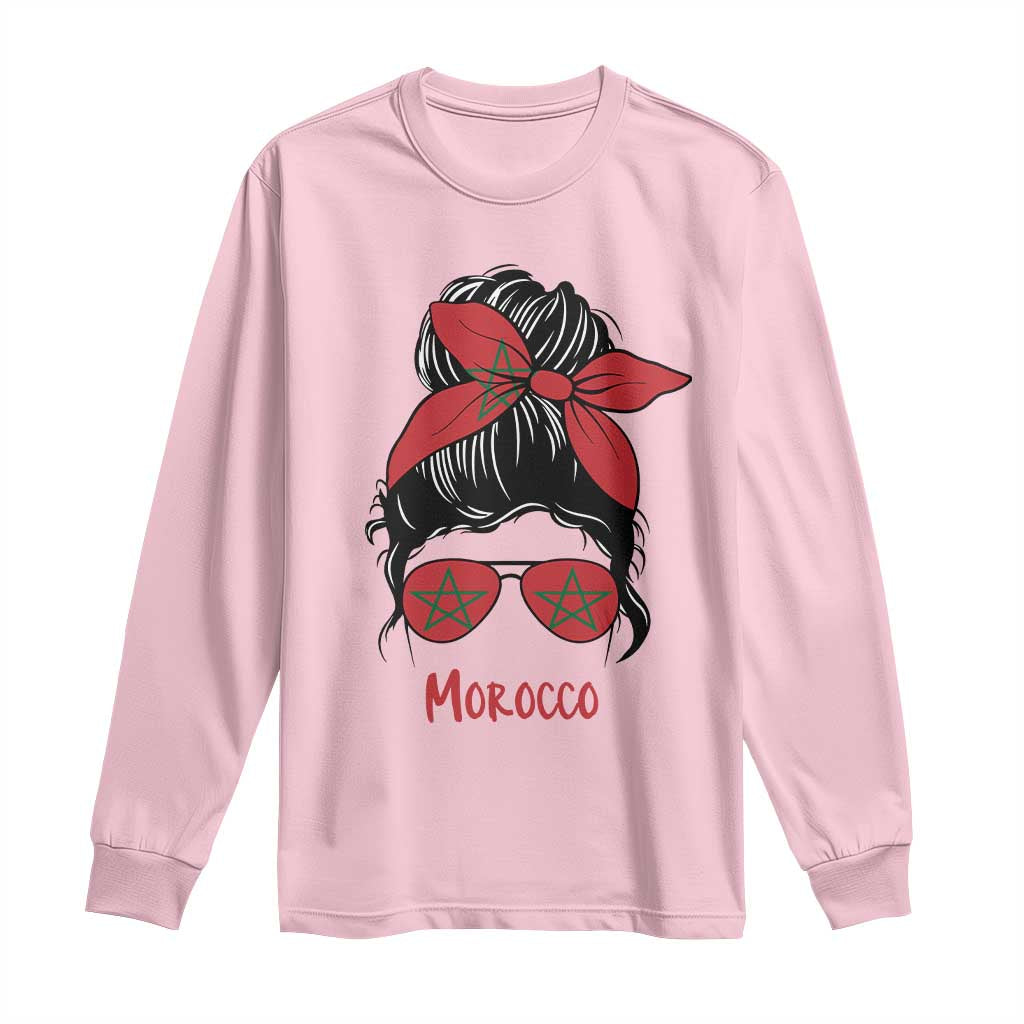 Morocco Girl Messy Bun with Flag Sunglasses Long Sleeve Shirt Proud Moroccan Woman Heritage