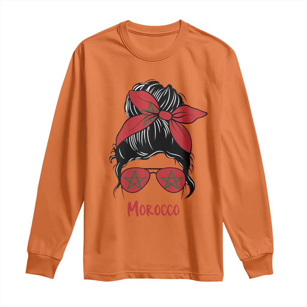 Morocco Girl Messy Bun with Flag Sunglasses Long Sleeve Shirt Proud Moroccan Woman Heritage