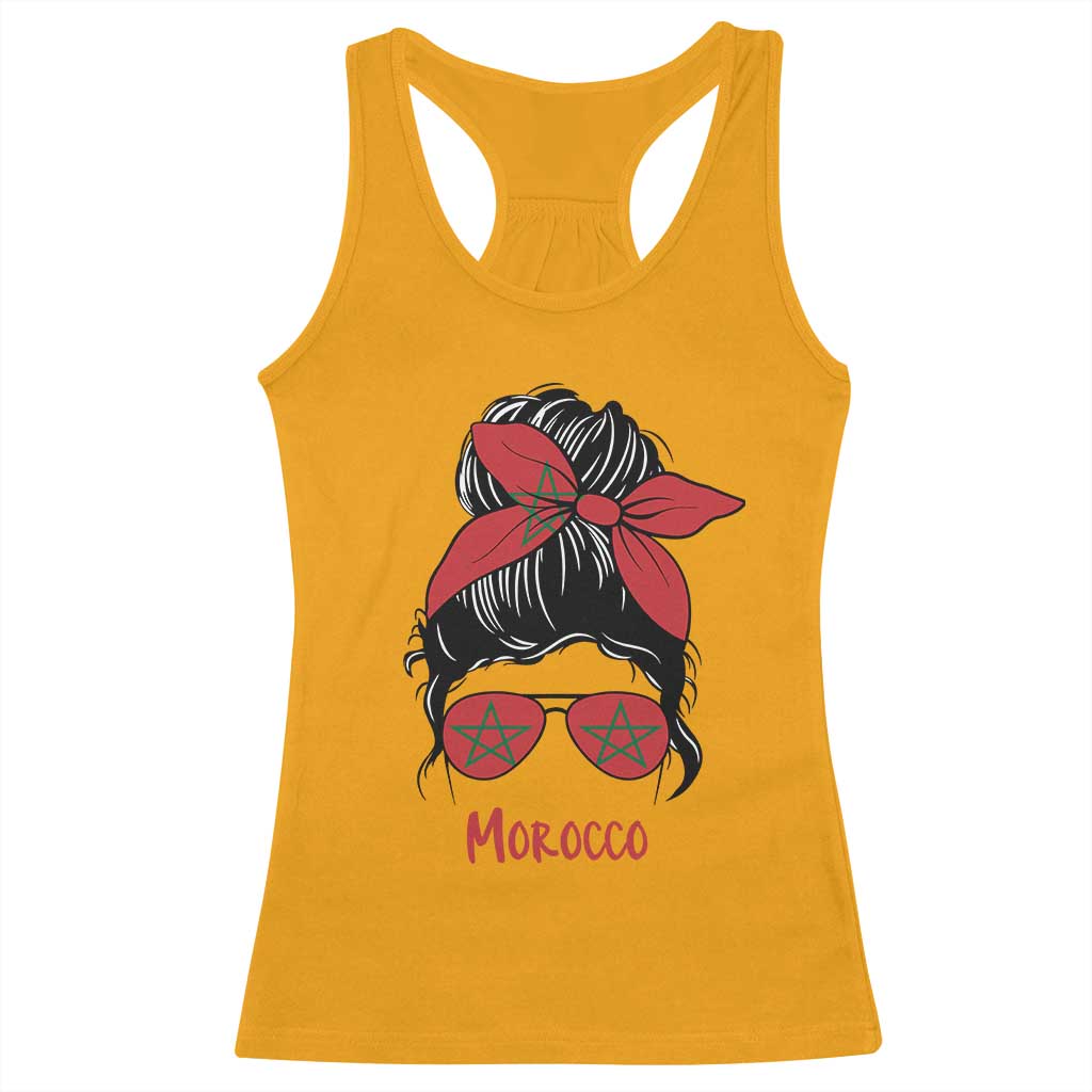 Morocco Girl Messy Bun with Flag Sunglasses Racerback Tank Top Proud Moroccan Woman Heritage