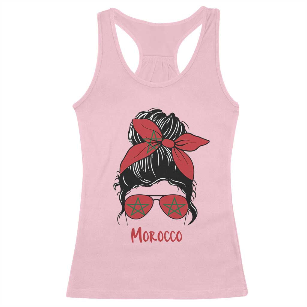 Morocco Girl Messy Bun with Flag Sunglasses Racerback Tank Top Proud Moroccan Woman Heritage