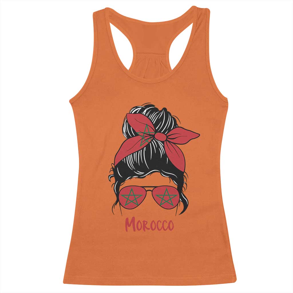 Morocco Girl Messy Bun with Flag Sunglasses Racerback Tank Top Proud Moroccan Woman Heritage