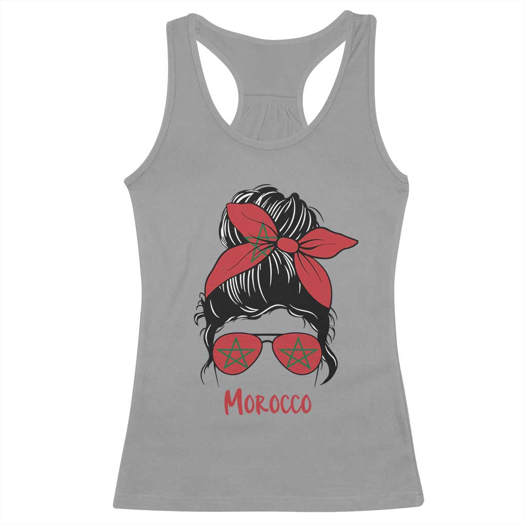 Morocco Girl Messy Bun with Flag Sunglasses Racerback Tank Top Proud Moroccan Woman Heritage