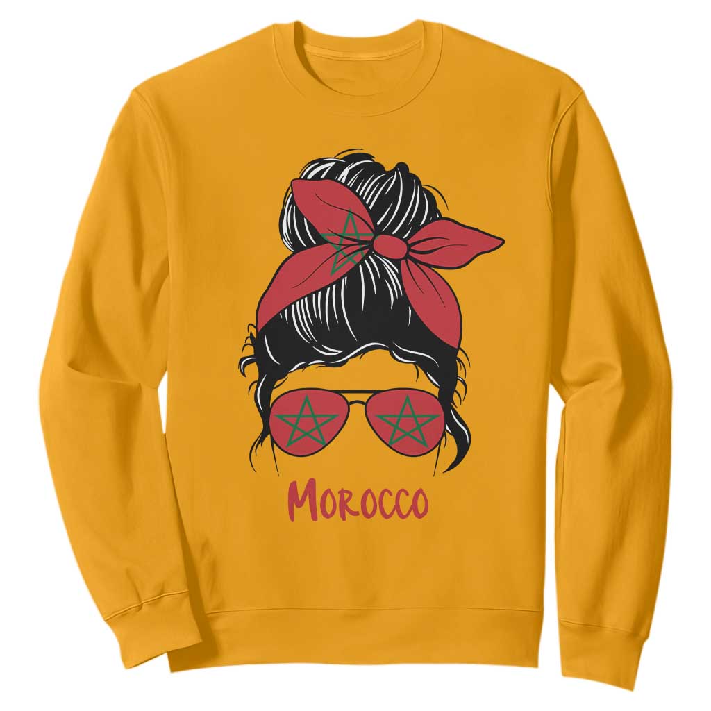 Morocco Girl Messy Bun with Flag Sunglasses Sweatshirt Proud Moroccan Woman Heritage