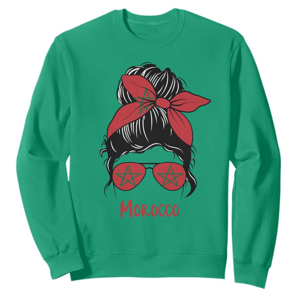 Morocco Girl Messy Bun with Flag Sunglasses Sweatshirt Proud Moroccan Woman Heritage