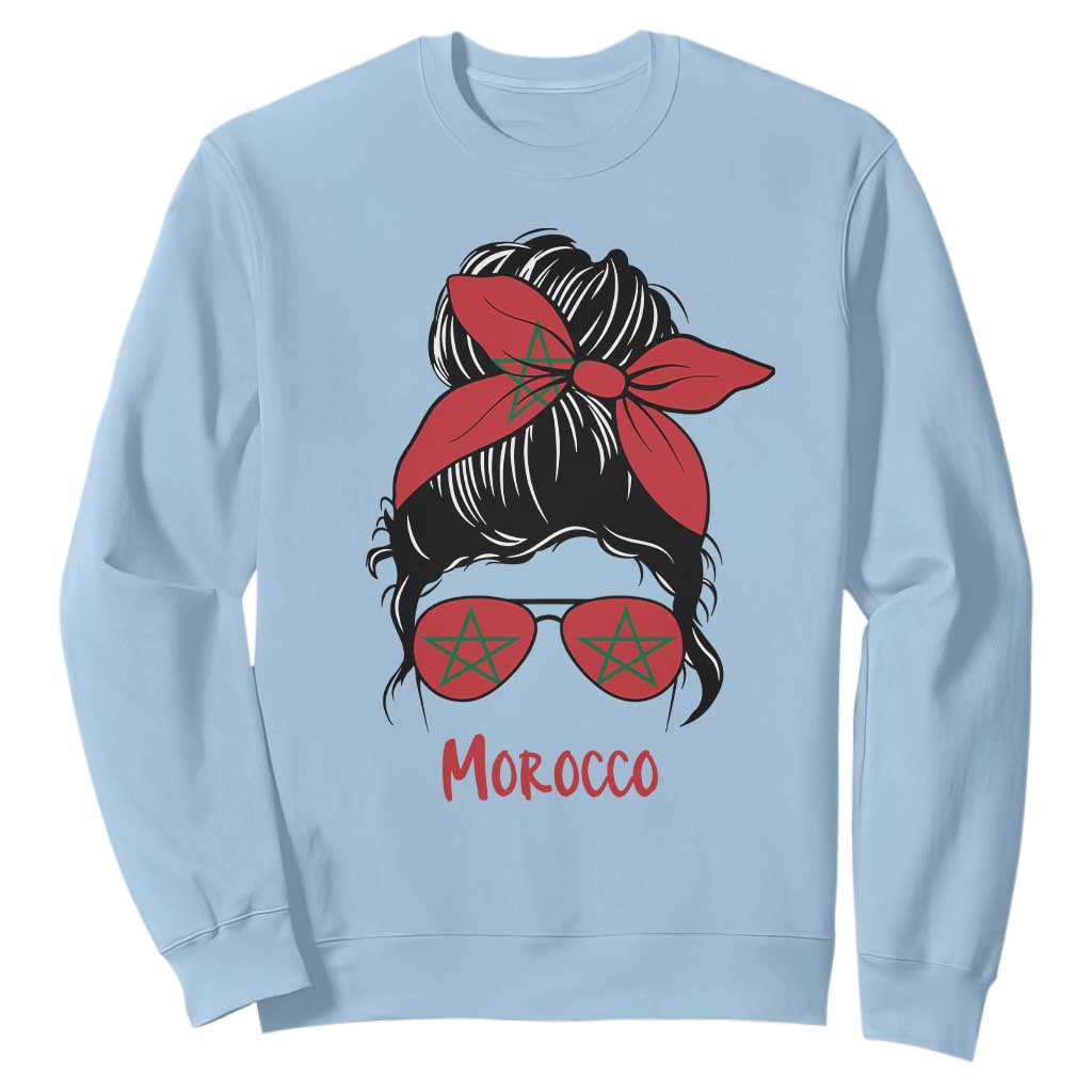Morocco Girl Messy Bun with Flag Sunglasses Sweatshirt Proud Moroccan Woman Heritage