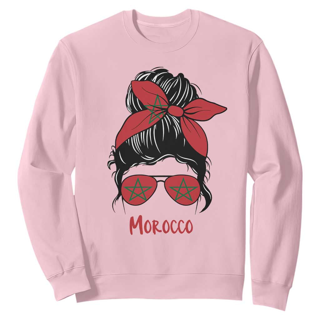 Morocco Girl Messy Bun with Flag Sunglasses Sweatshirt Proud Moroccan Woman Heritage
