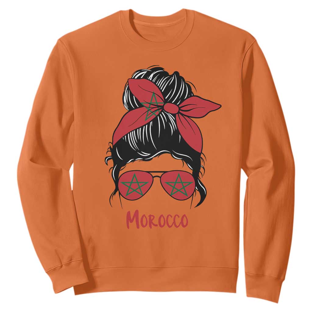 Morocco Girl Messy Bun with Flag Sunglasses Sweatshirt Proud Moroccan Woman Heritage