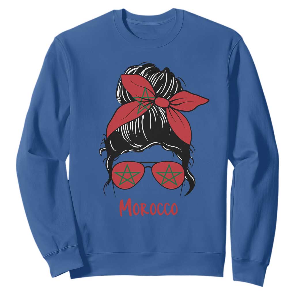 Morocco Girl Messy Bun with Flag Sunglasses Sweatshirt Proud Moroccan Woman Heritage