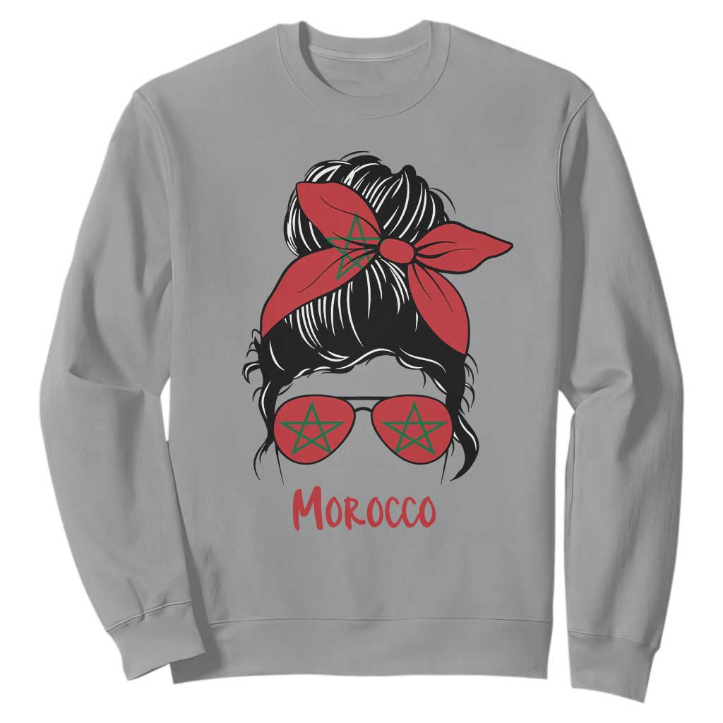Morocco Girl Messy Bun with Flag Sunglasses Sweatshirt Proud Moroccan Woman Heritage