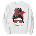 Morocco Girl Messy Bun with Flag Sunglasses Sweatshirt Proud Moroccan Woman Heritage