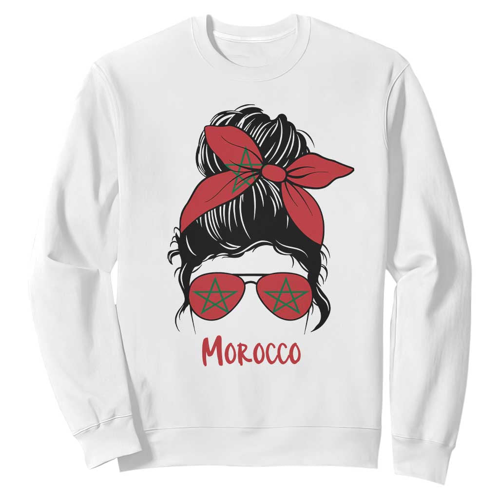 Morocco Girl Messy Bun with Flag Sunglasses Sweatshirt Proud Moroccan Woman Heritage