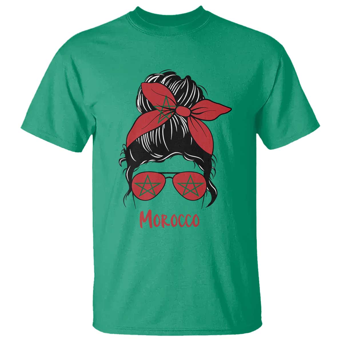 Morocco Girl Messy Bun with Flag Sunglasses T Shirt Proud Moroccan Woman Heritage