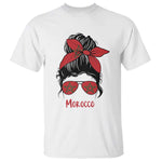Morocco Girl Messy Bun with Flag Sunglasses T Shirt Proud Moroccan Woman Heritage