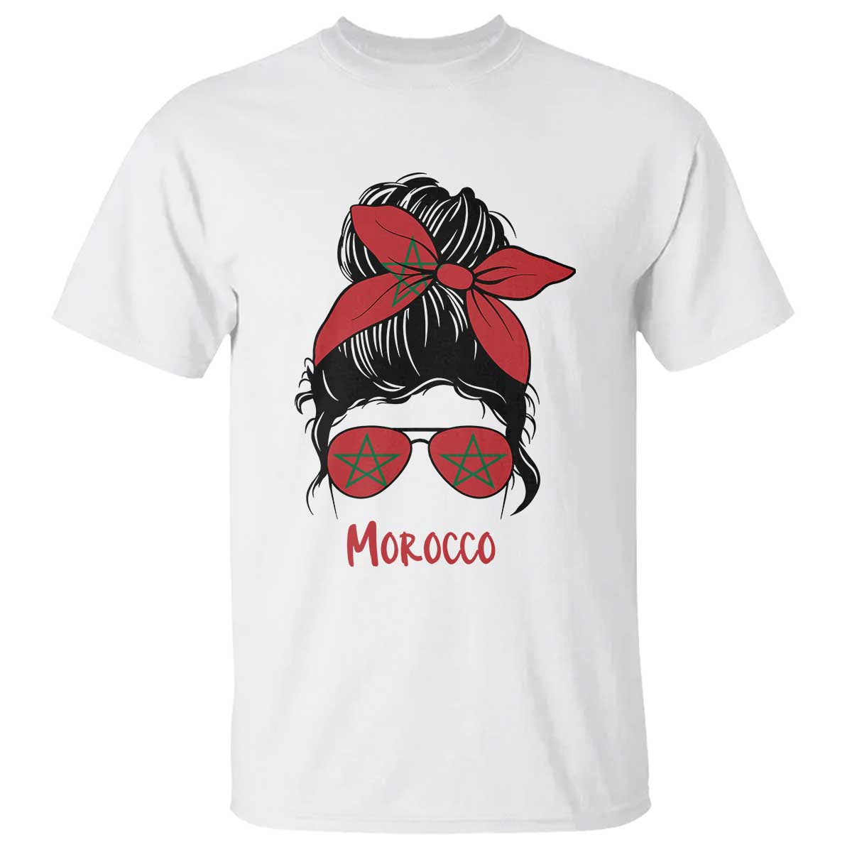Morocco Girl Messy Bun with Flag Sunglasses T Shirt Proud Moroccan Woman Heritage