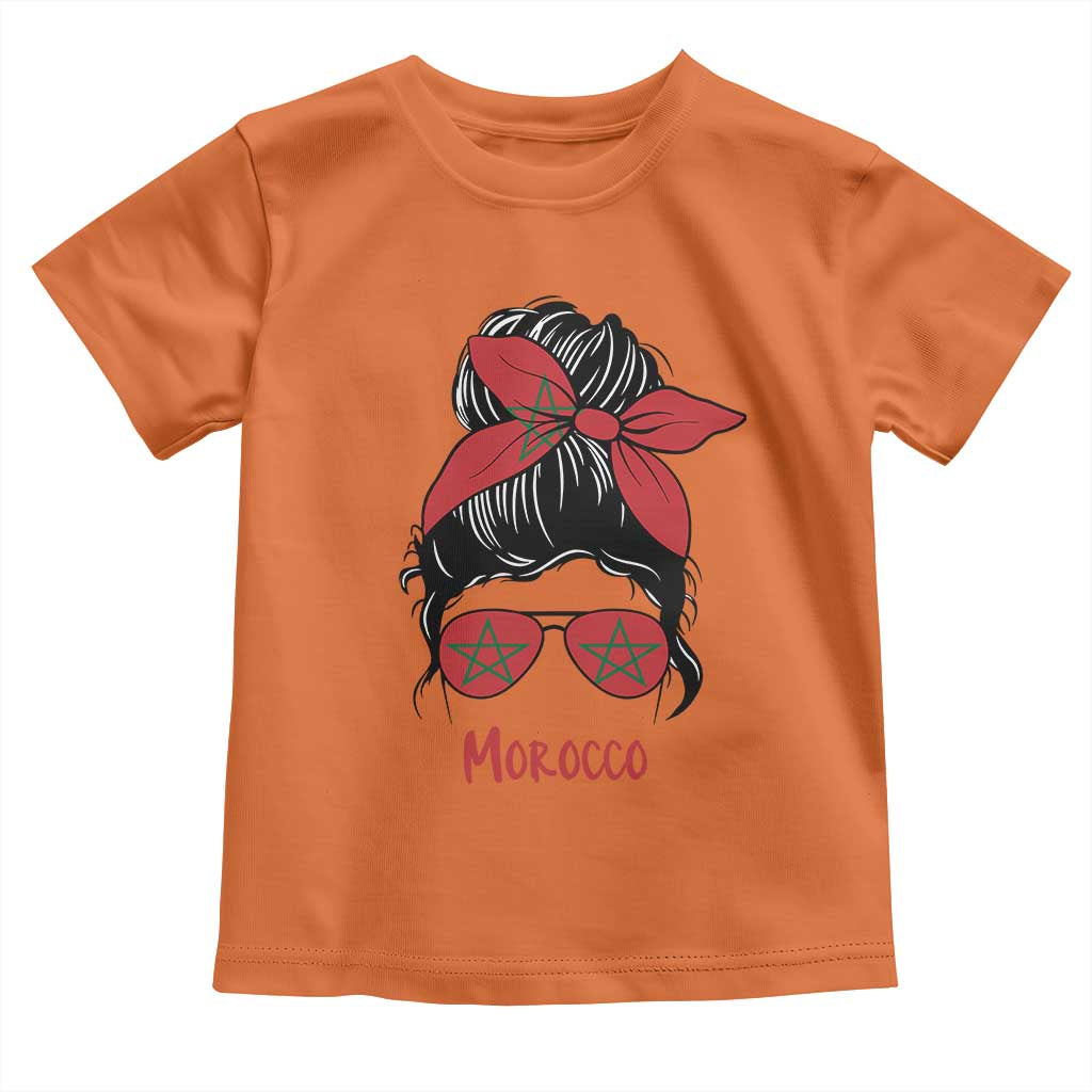 Morocco Girl Messy Bun with Flag Sunglasses Toddler T Shirt Proud Moroccan Woman Heritage
