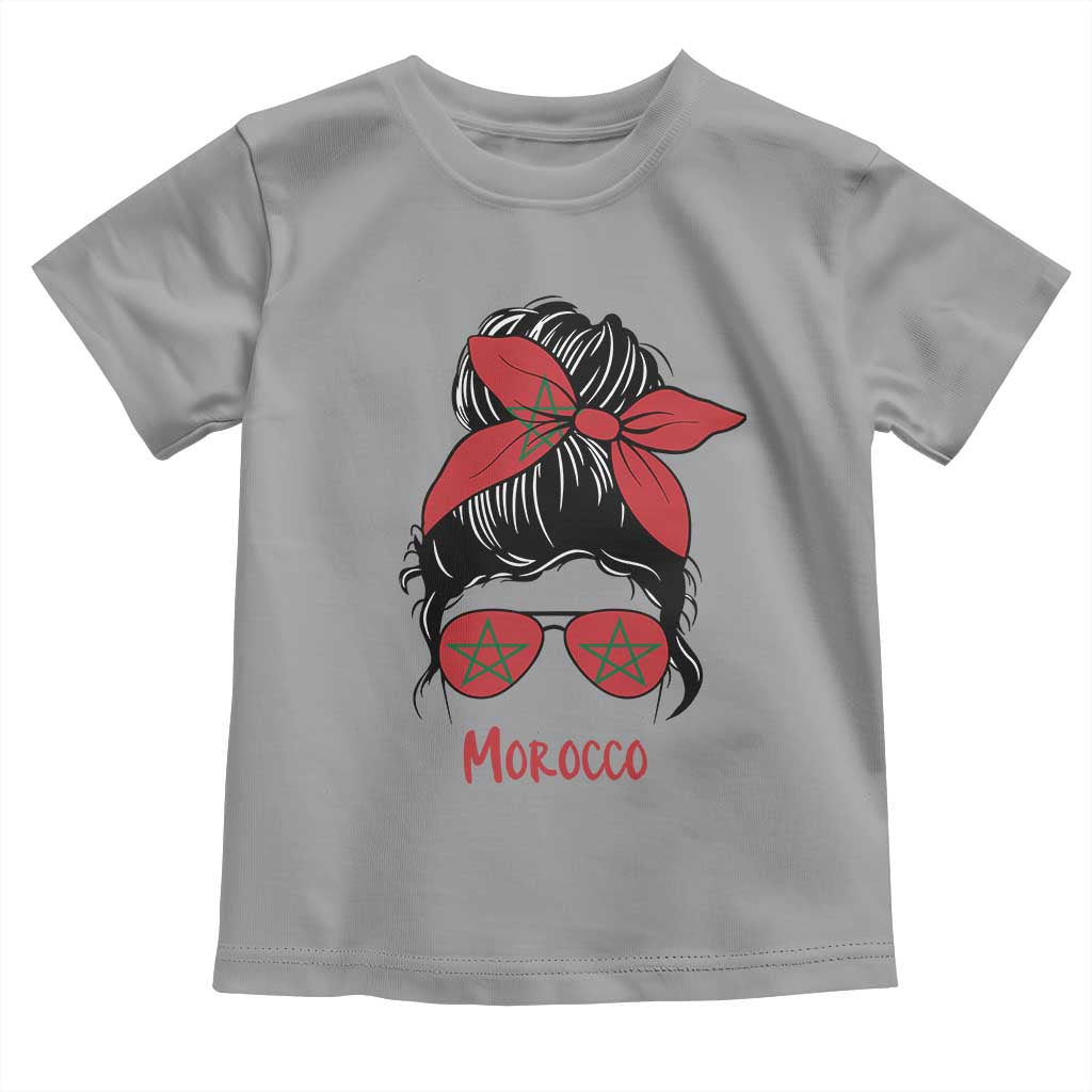 Morocco Girl Messy Bun with Flag Sunglasses Toddler T Shirt Proud Moroccan Woman Heritage