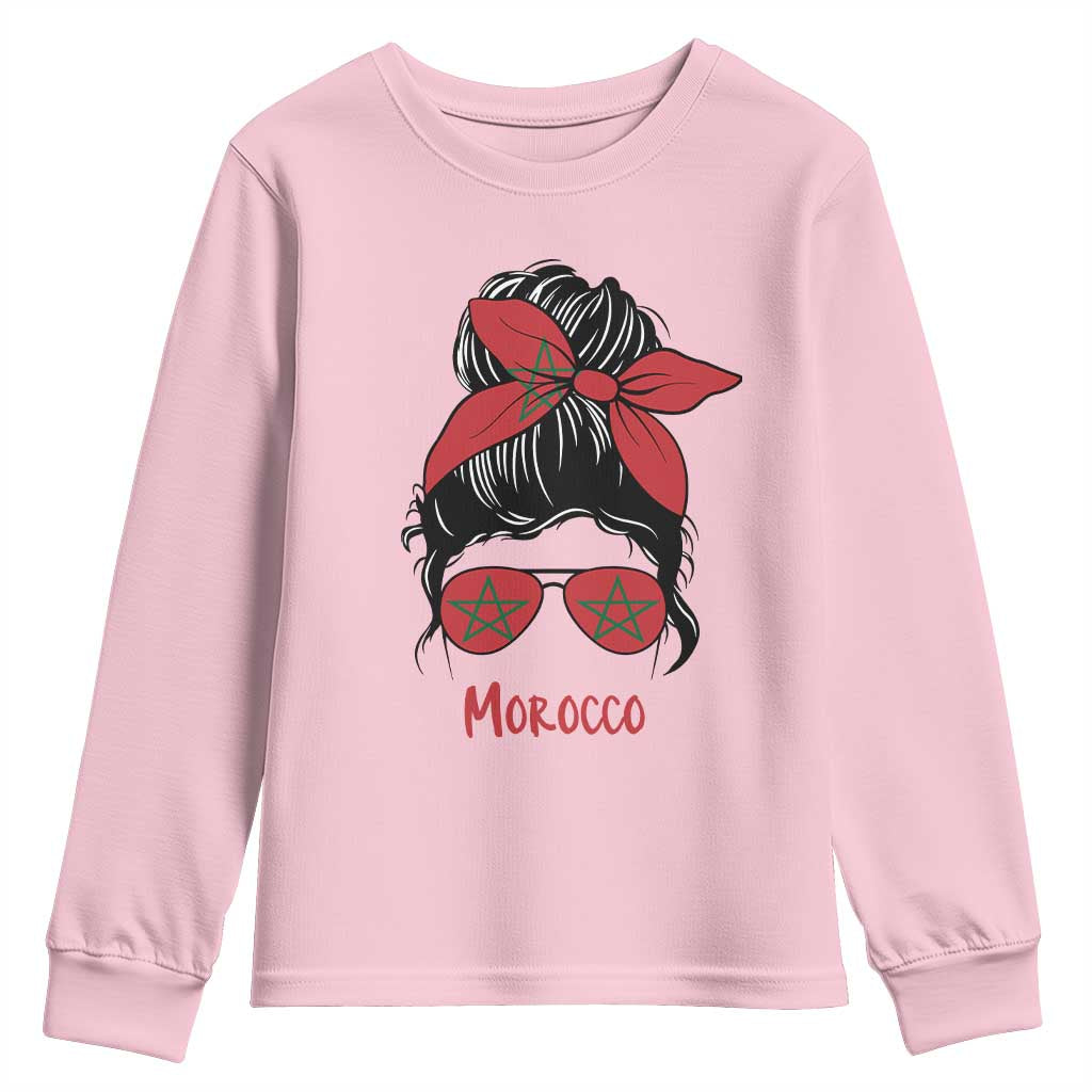 Morocco Girl Messy Bun with Flag Sunglasses Youth Sweatshirt Proud Moroccan Woman Heritage