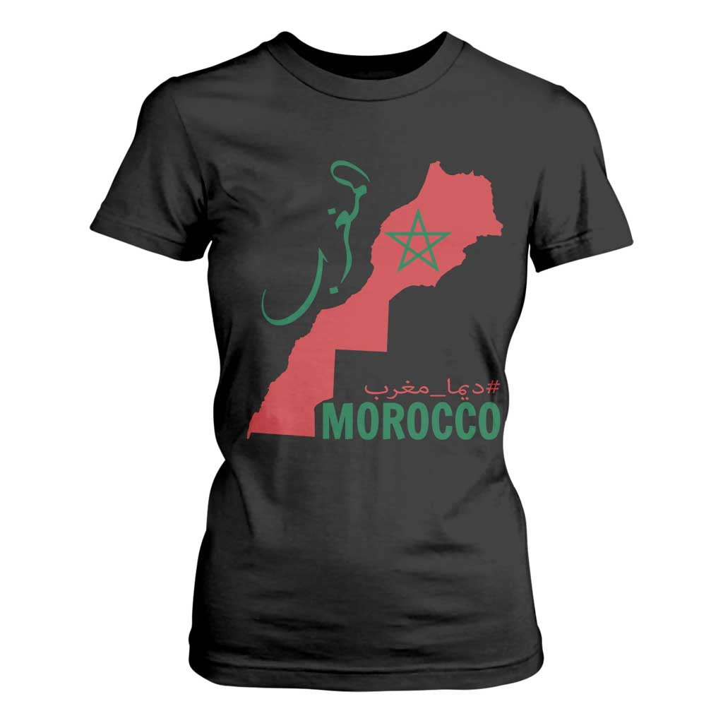 Morocco Map Dima Maghrib with Arabic Calligraphy T Shirt For Women Maghreb Traditional Moroccan Roots Graphic
