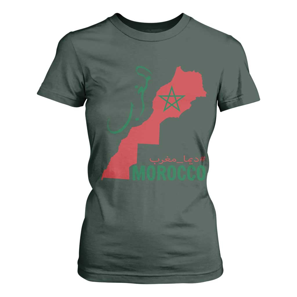 Morocco Map Dima Maghrib with Arabic Calligraphy T Shirt For Women Maghreb Traditional Moroccan Roots Graphic