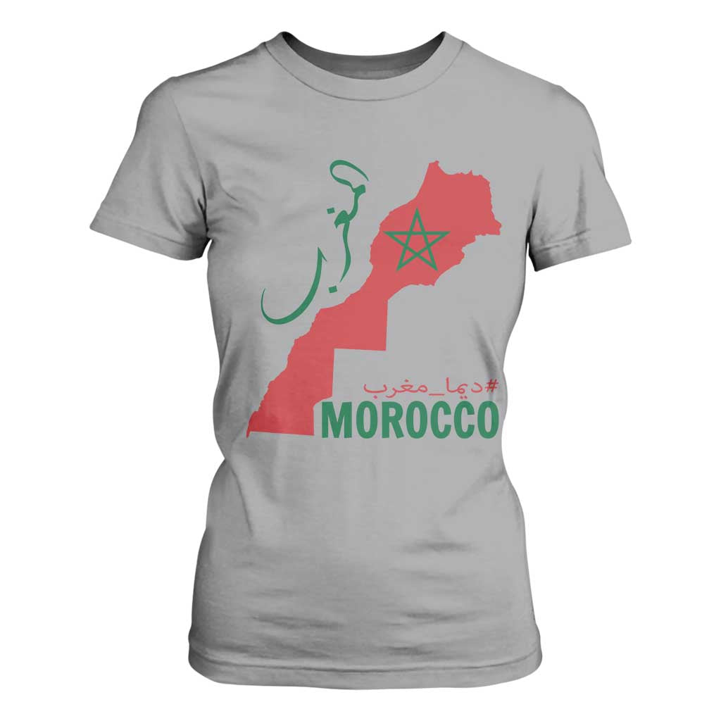 Morocco Map Dima Maghrib with Arabic Calligraphy T Shirt For Women Maghreb Traditional Moroccan Roots Graphic